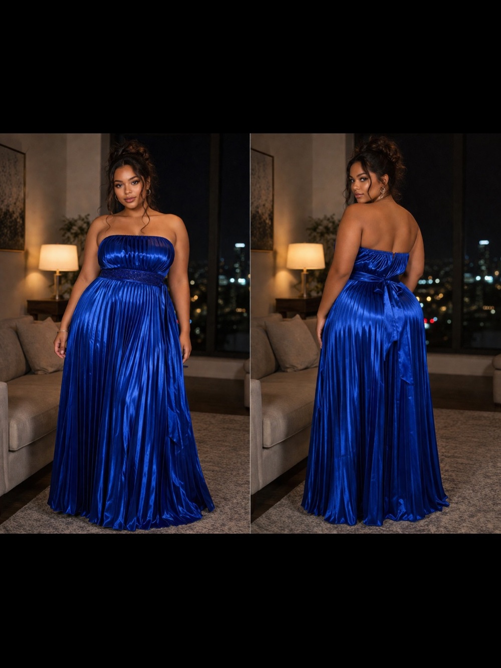 City Chic Strapless Satin Pleated Gown in Royal Blue